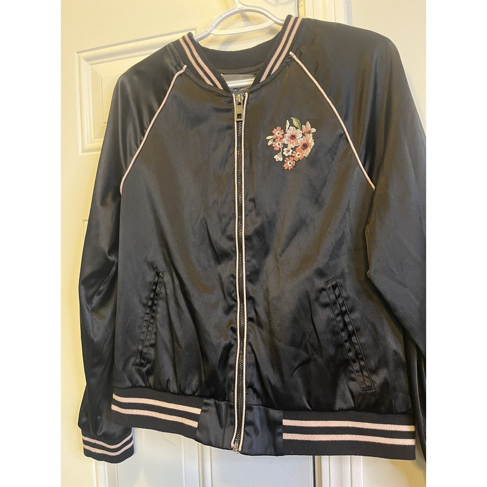 Black Satin Embroidered Peacock Cherry Blossom Bomber Jacket XL Ashley Coquette - Picture 3 of 11
